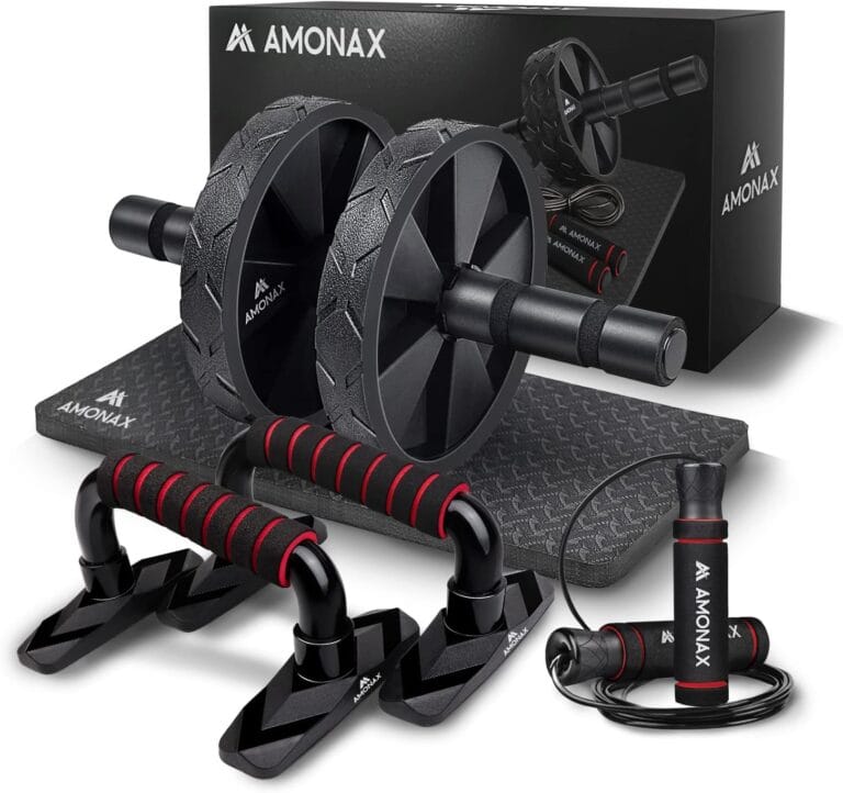 Amonax Rodillo doble para abdominales + alfombrilla fitness + barras de flexiones + cuerda saltos comba